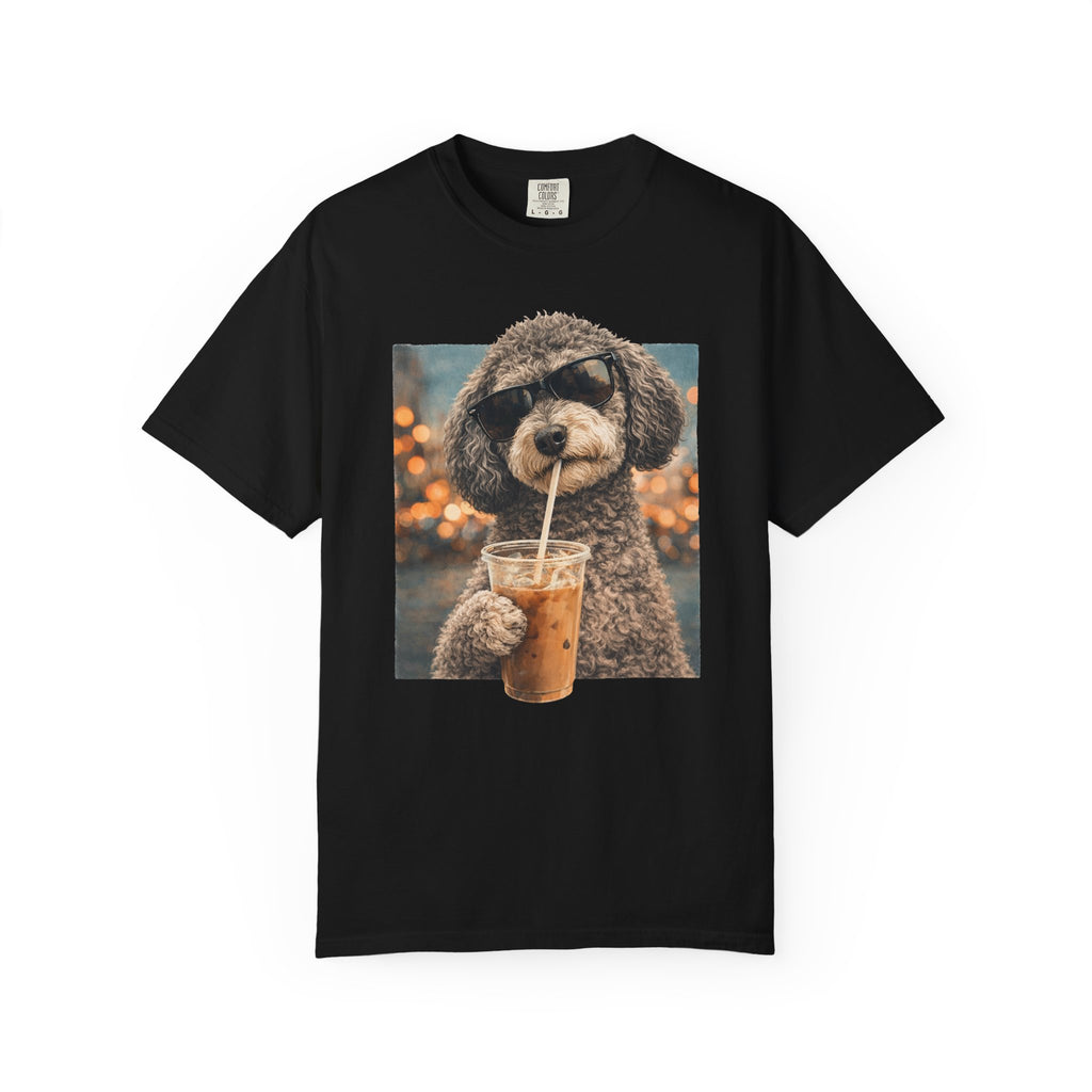 Brown Hair Schnoodle Dog Drinking Iced Coffee Trendy Coffee Lover Tee
